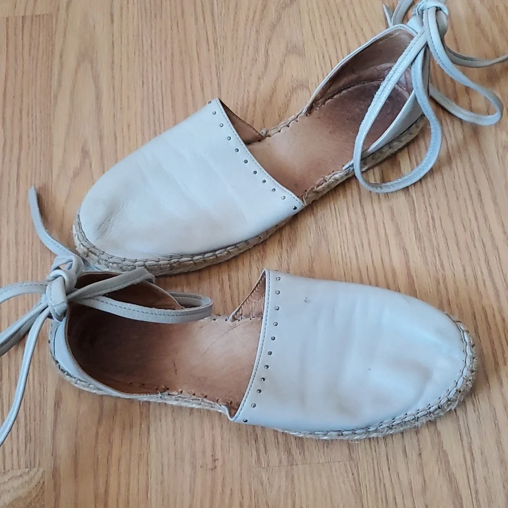 All Saints Light Gray Ankle Wrap Strap Leather Espadrilles Size 39/8